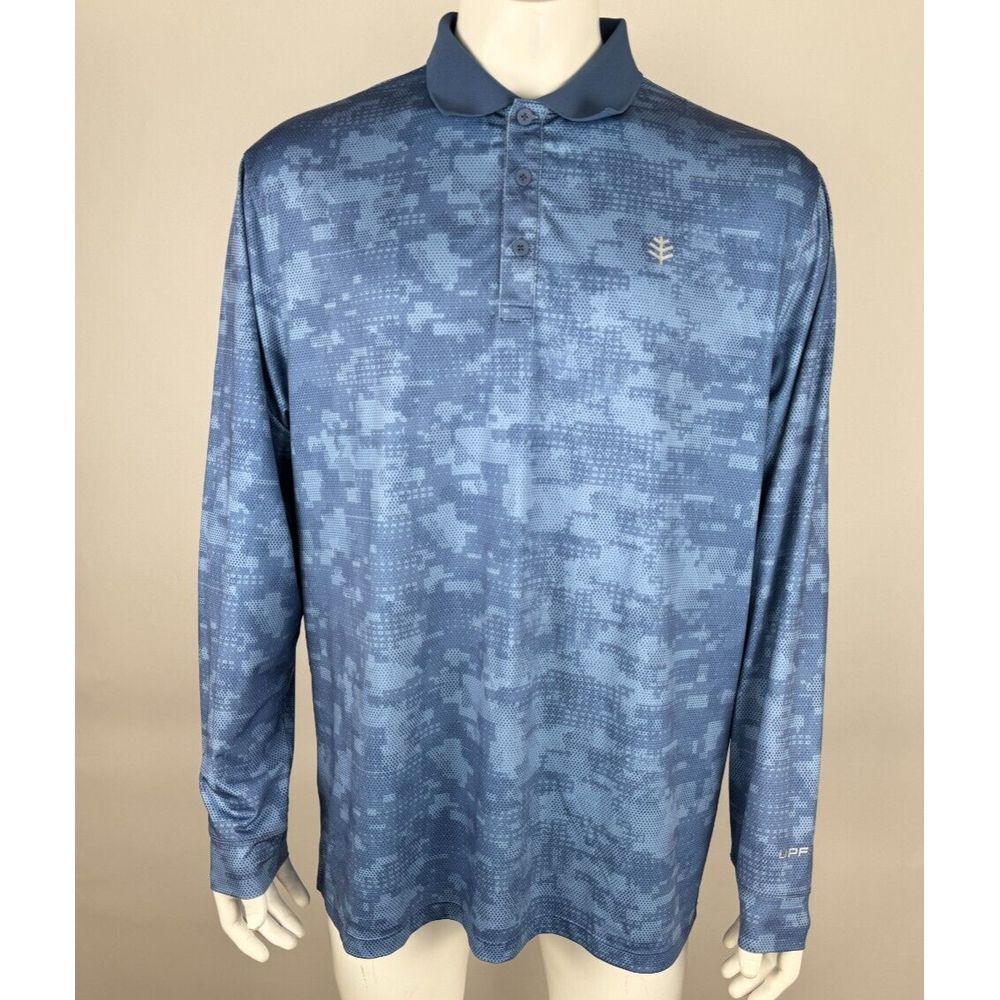 Coolibar Erodym Long Sleeve Golf Polo Shirt Mens XLT EUC Blue Stretch UPF 50+